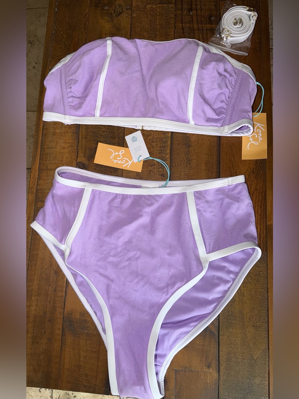 Kona Sol Lavender Strapless Bikini Set with White Trim
